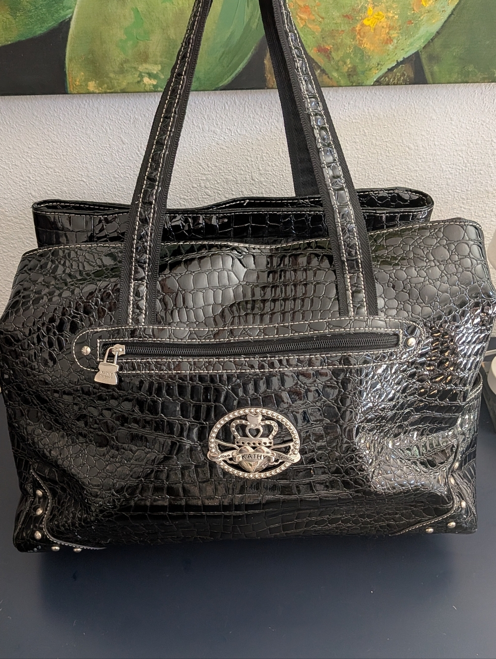 Betsey Johnson Black Patent Croc Tote with Silver Crest Accent